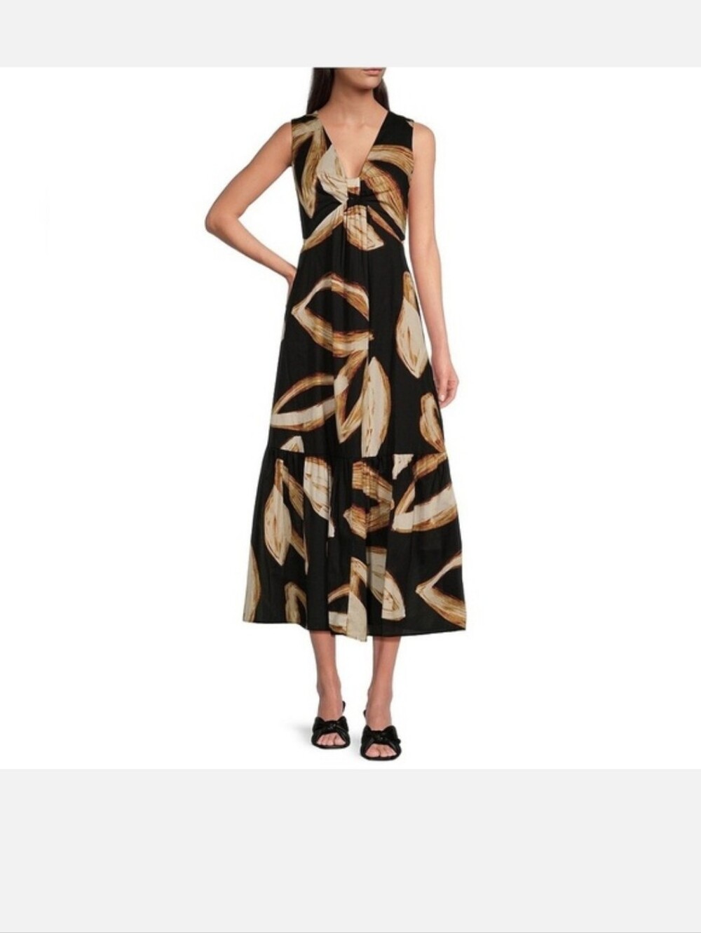 DKNY Size 8 Black & Beige Floral Print V-Neck Maxi Dress